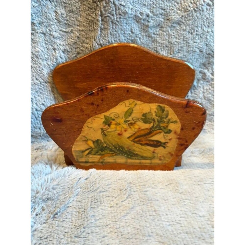 Vintage Wood Napkin Holder Veggies Decoupage Mid Century Modern Cottagecore